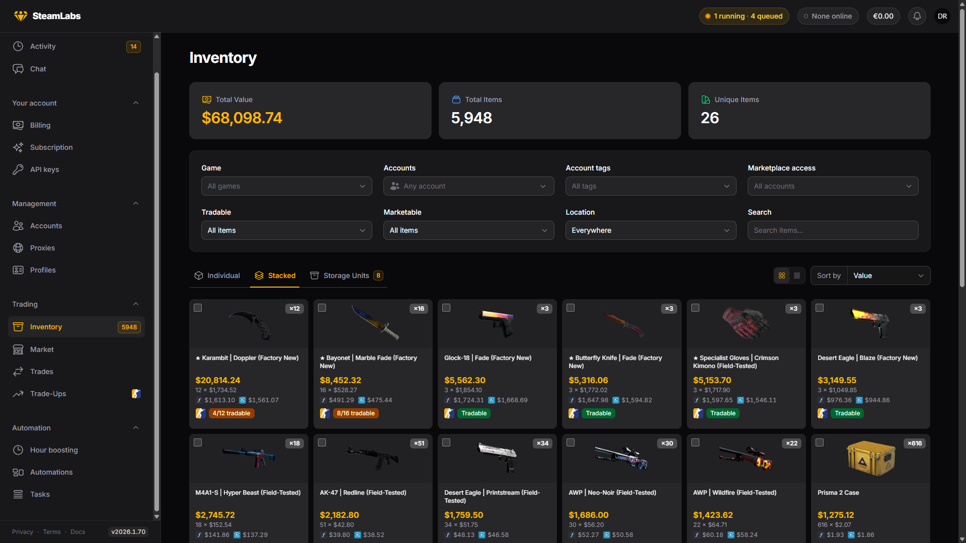 The inventory page in stacked view
