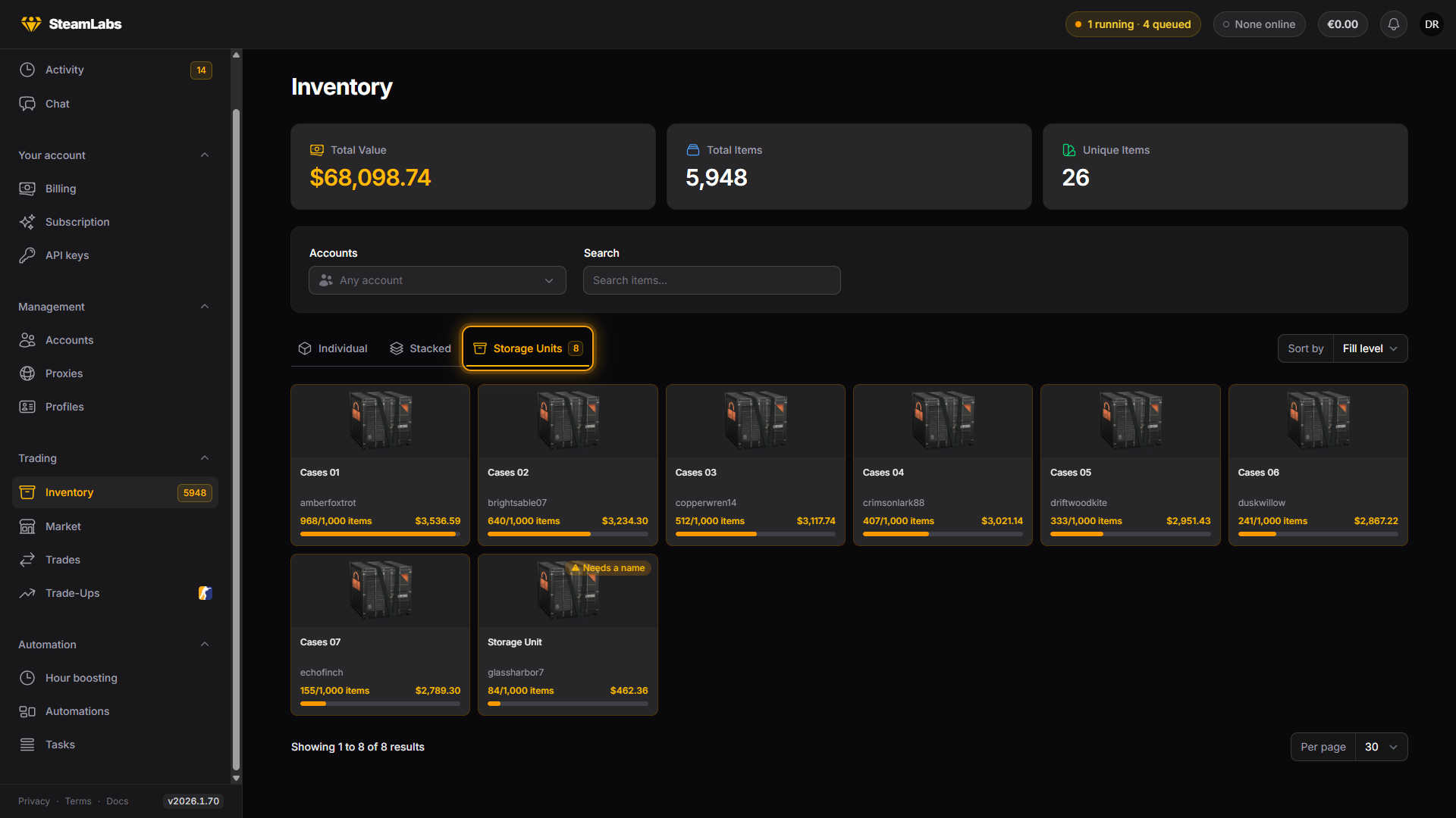 The storage units view on the inventory page