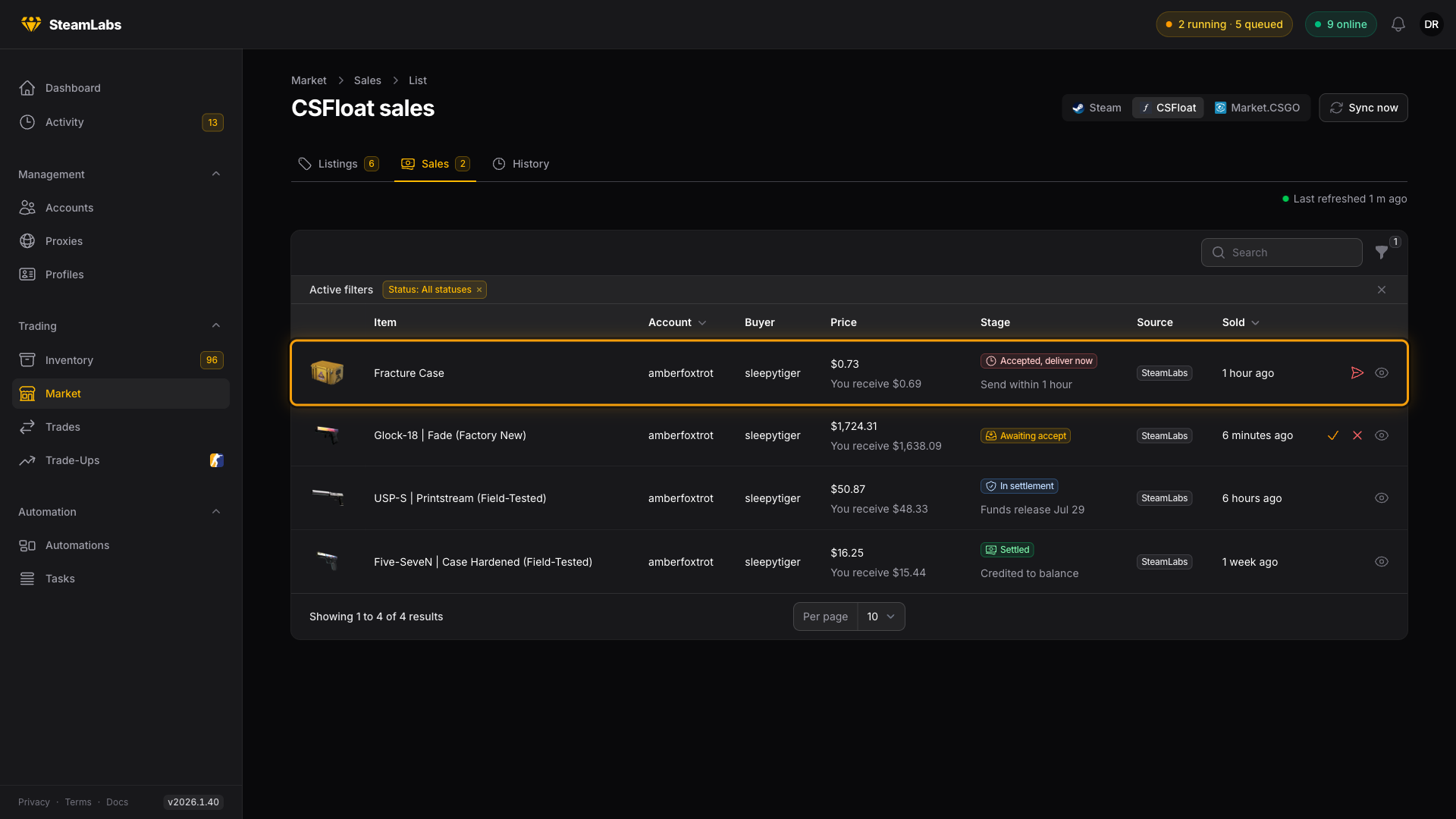 The Sales tab with a sale at each stage. The CSFloat sales queue