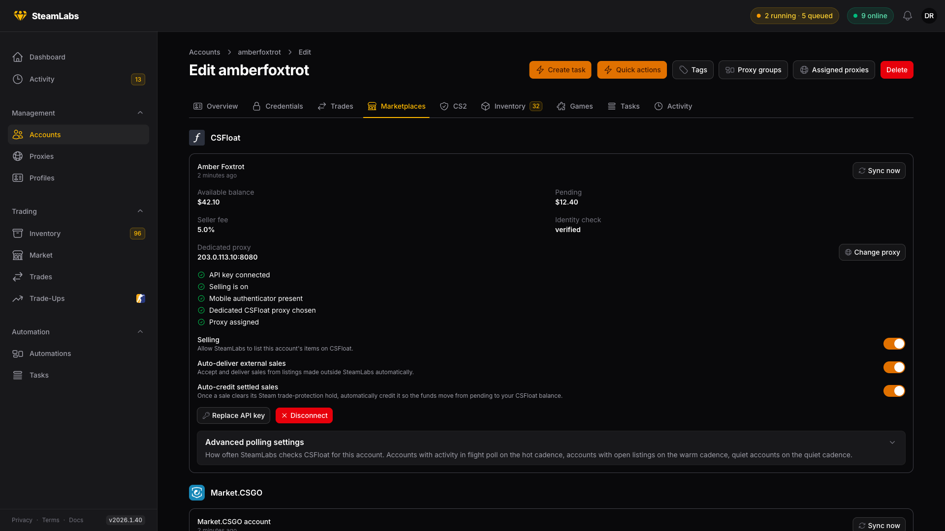 A connected CSFloat account: balance, seller fee, dedicated proxy & the readiness checklist. The Marketplaces tab with CSFloat connected