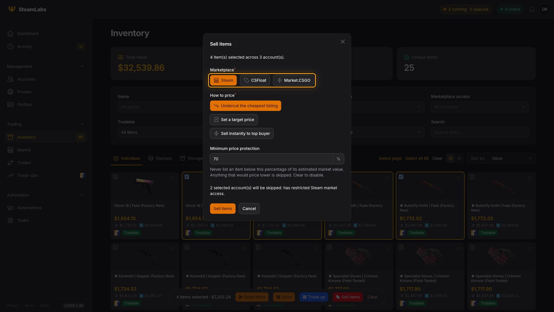The Sell items modal