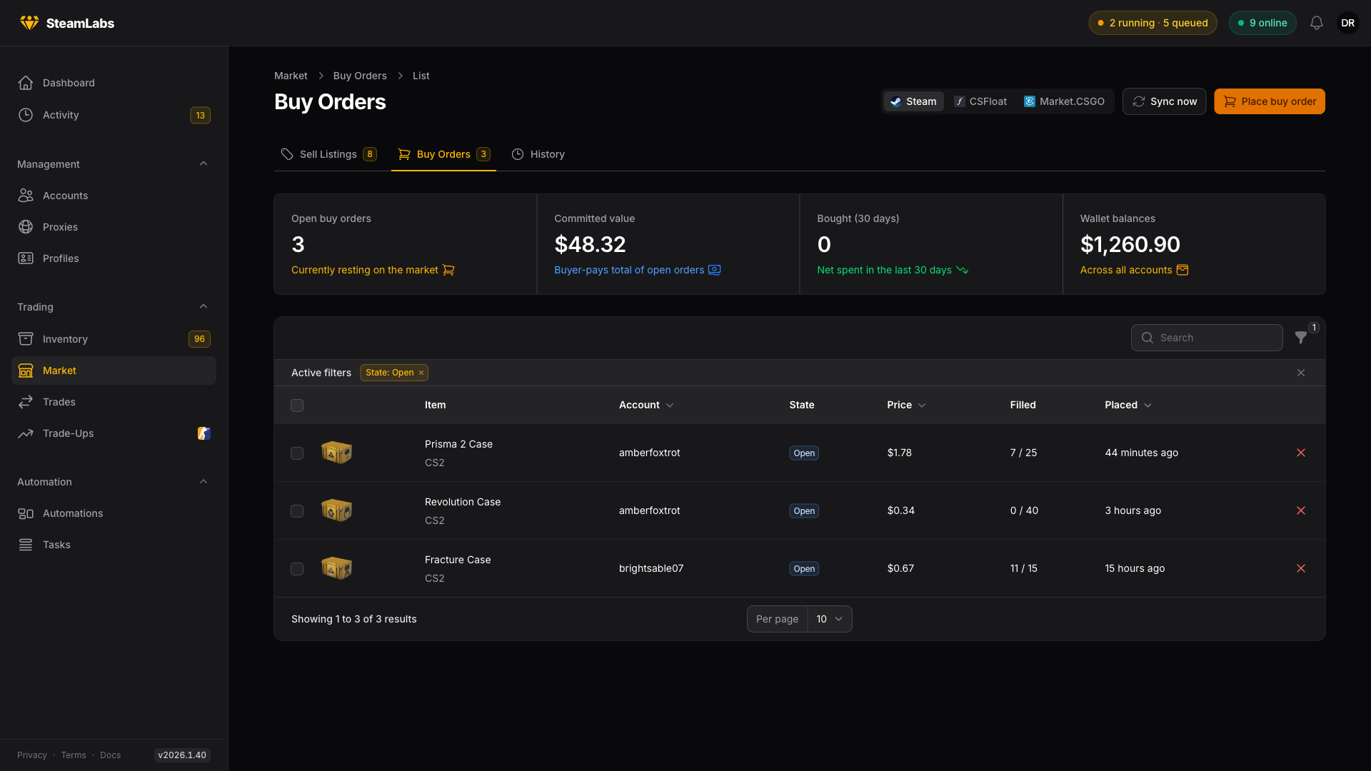 Open buy orders with their fill progress. The buy orders page