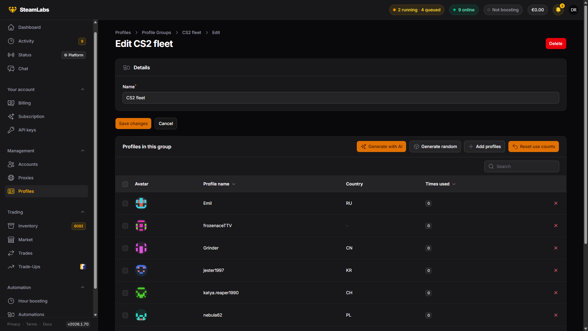 A profile group with its member profiles
