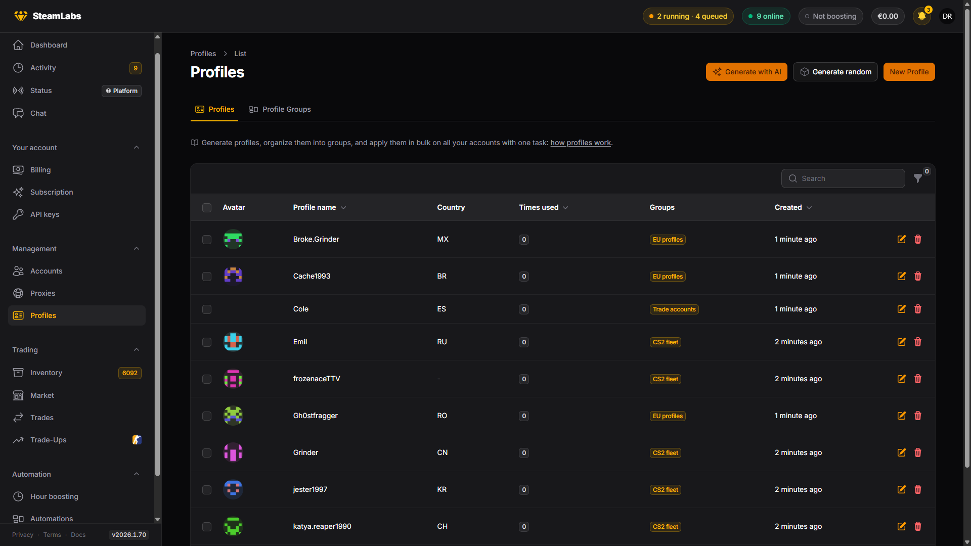 The profile library with generated profiles