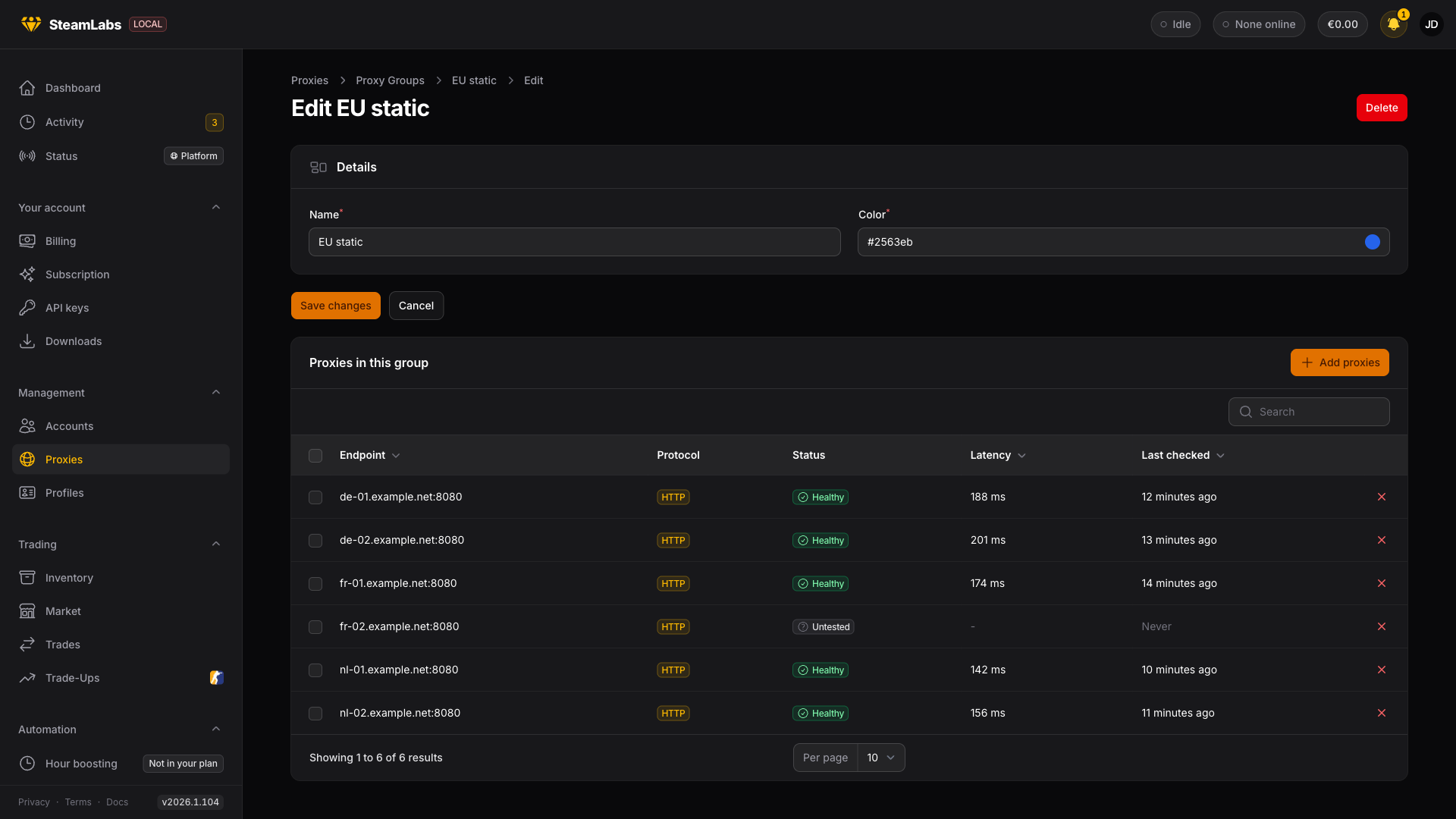 A group page: its members below, and Add proxies to attach more. A proxy group and its members