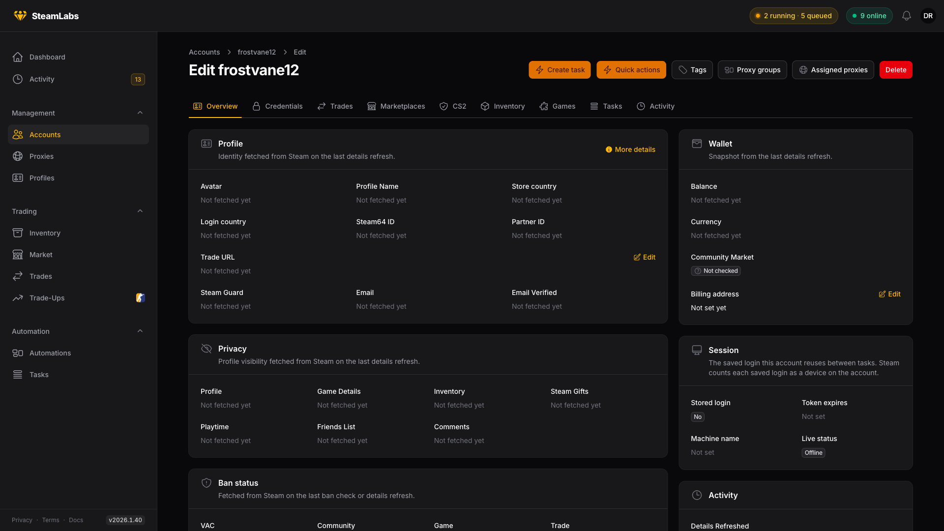 The account page right after saving, before any task has run. A newly added account before any task has run