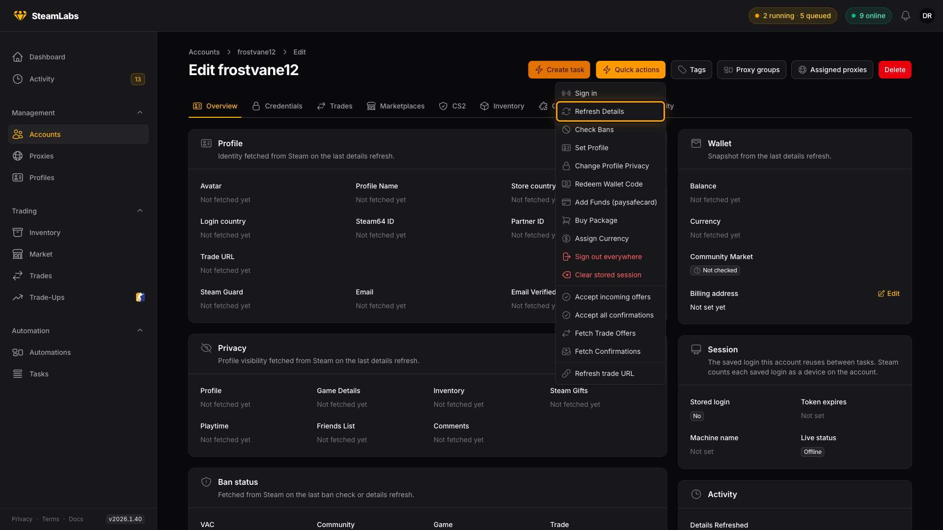 The Refresh Details task in the Quick actions menu. A new account with the Quick actions menu open