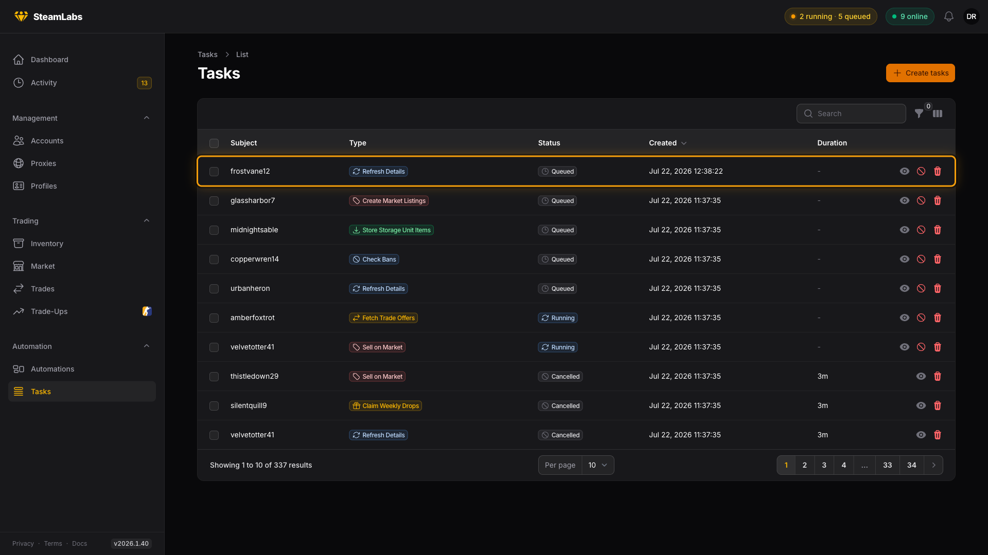 A fresh task waiting for a worker to pick it up. The tasks list with a queued Refresh Details task