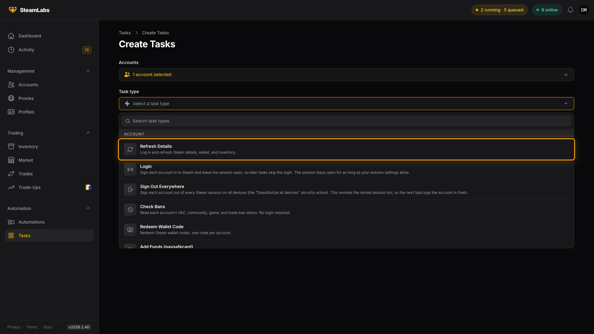 Task types are grouped by what they touch. Refresh Details is the first one under Account. The task type picker with Refresh Details highlighted