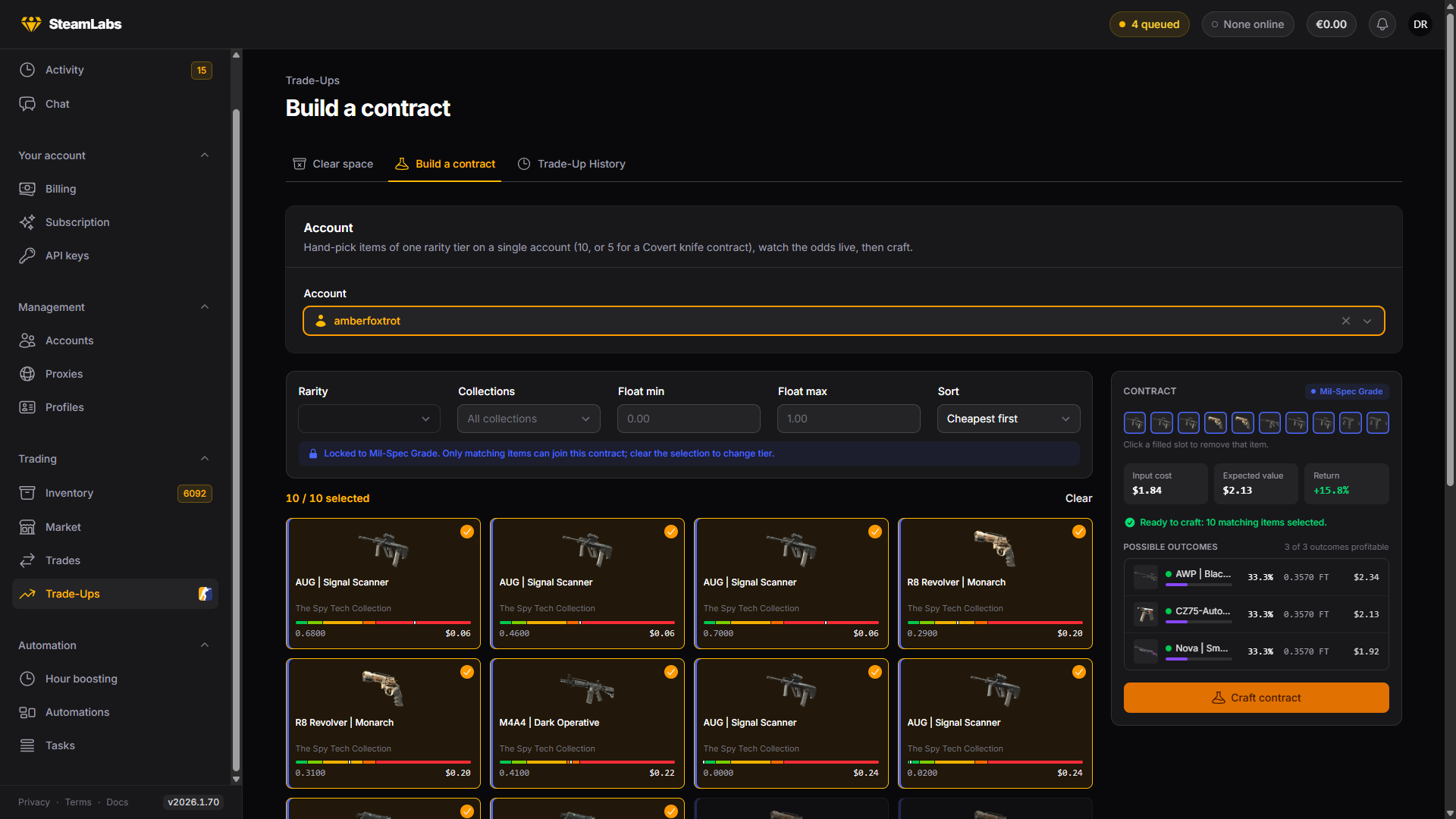 The contract builder with ten items picked