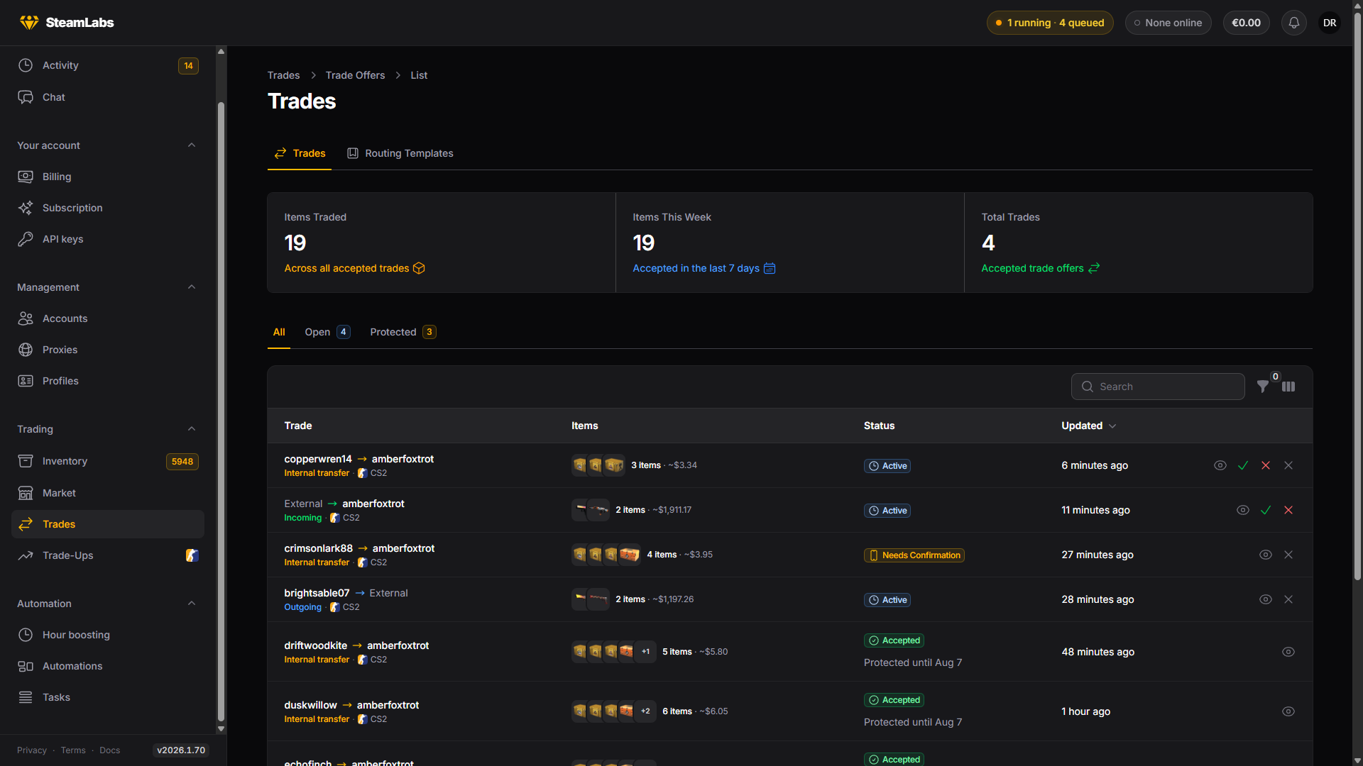 The Trades page